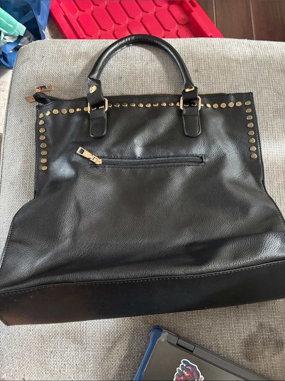 Black Studded Tote Bag with Gold Accents - Classic Carryall